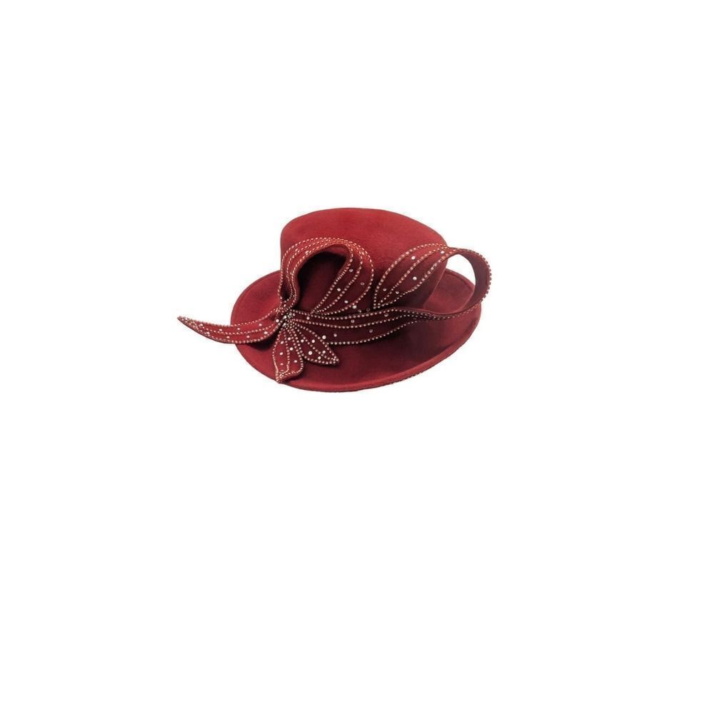 George Zamau'l Couture Ladies Cartwheel Red Felt Hat Rhinestones 57cm